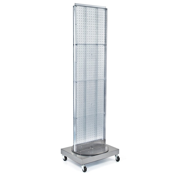 Two-Sided Pegboard Floor Display on Revolving Wheeled Base. Spinner Rack Stand.